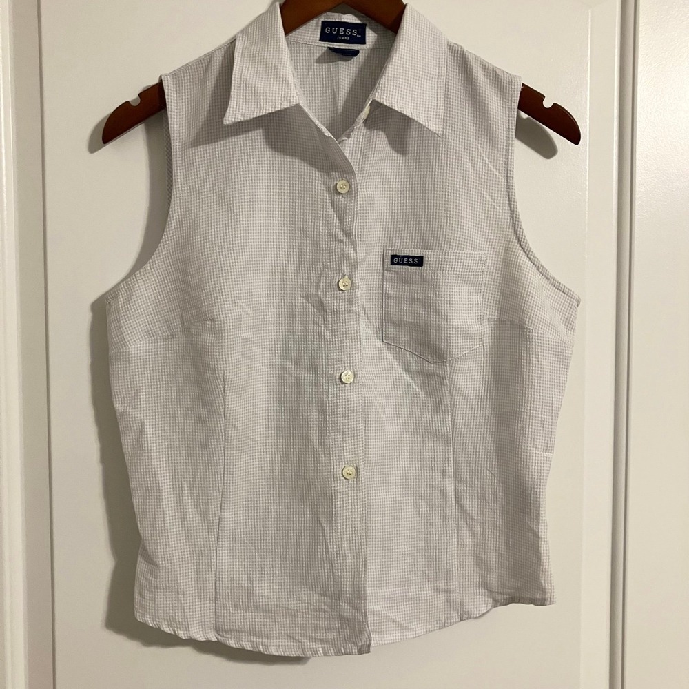 VTG Guess Jeans USA sleeveless button-down shirt white grey gingham check Sz XL